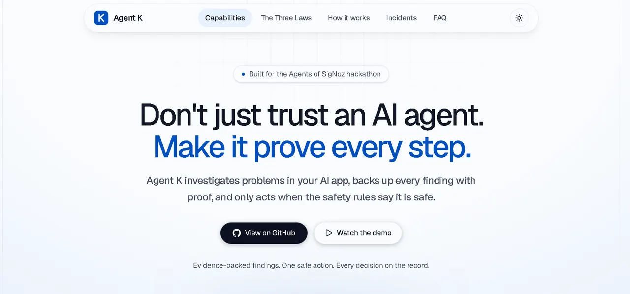 Agent K landing page: don't just trust an AI agent, make it prove every step