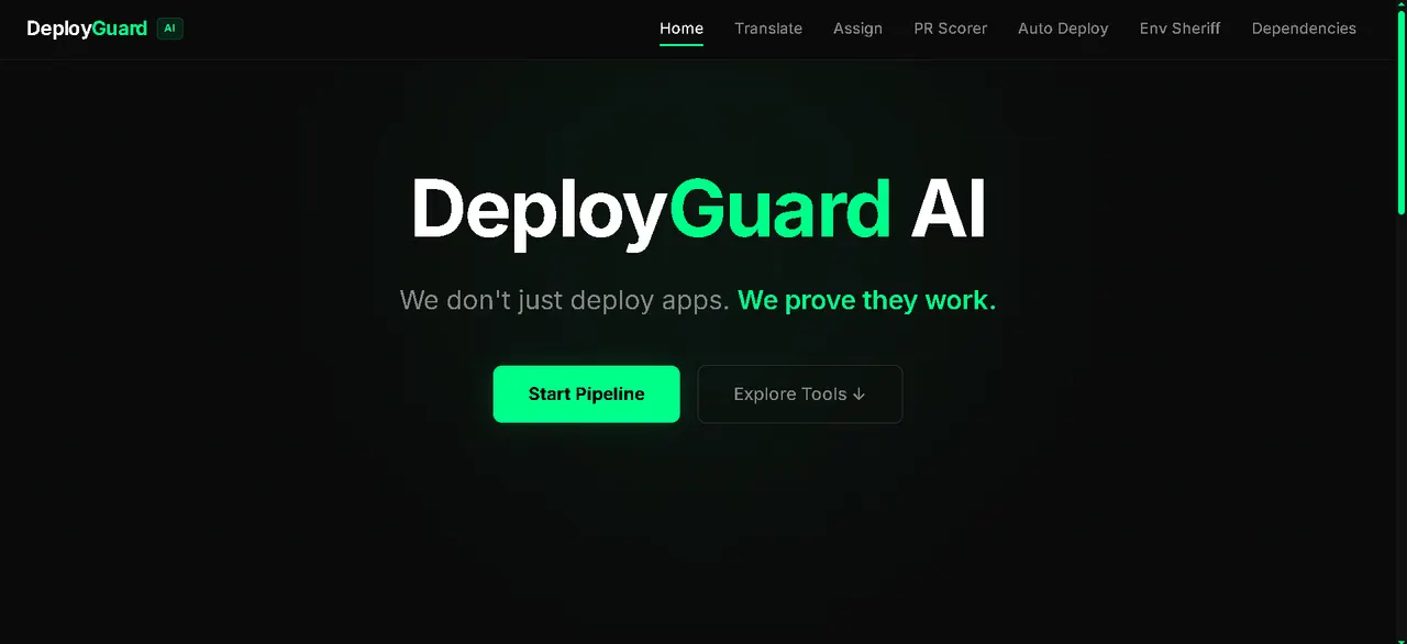 DeployGuard AI dashboard with pipeline status and agent output