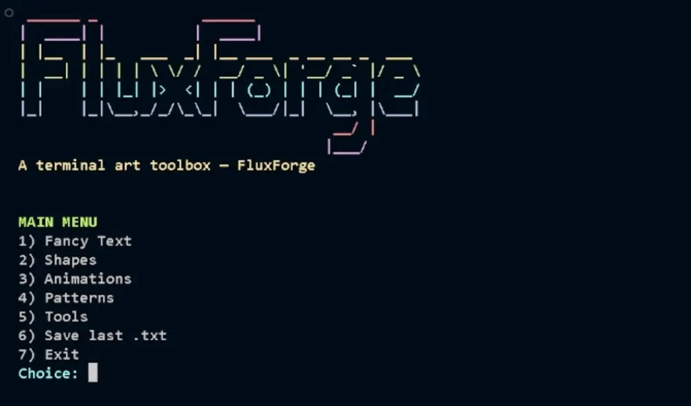 FluxForge ASCII logo above its terminal main menu