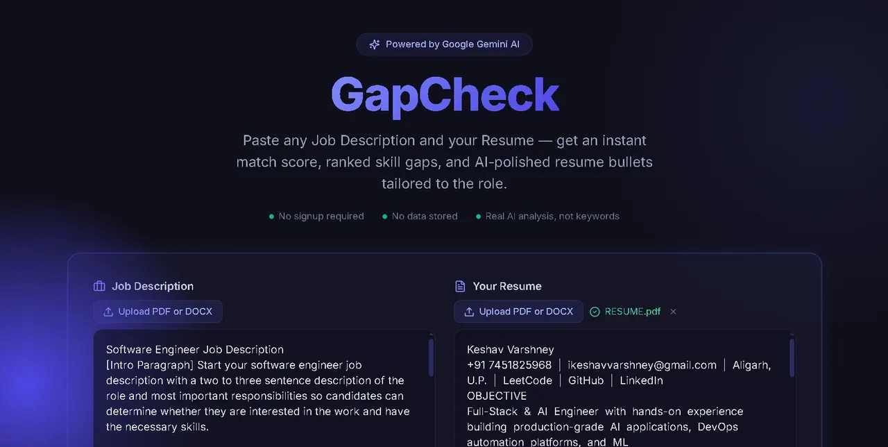 GapCheck landing page with job description and resume inputs