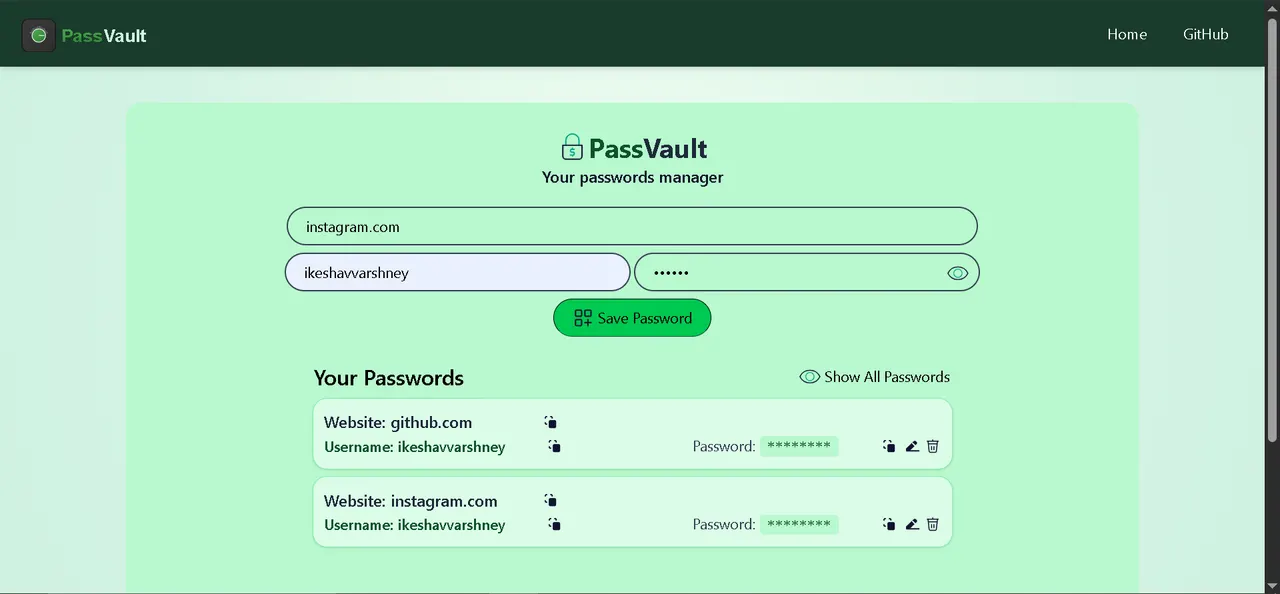 PassVault credential list with add and edit controls