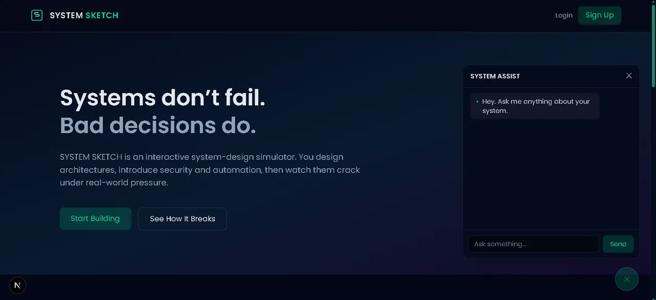 System Sketch landing page with the System Assist chat panel open