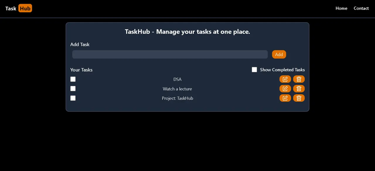 TaskHub task list with add, edit and delete controls